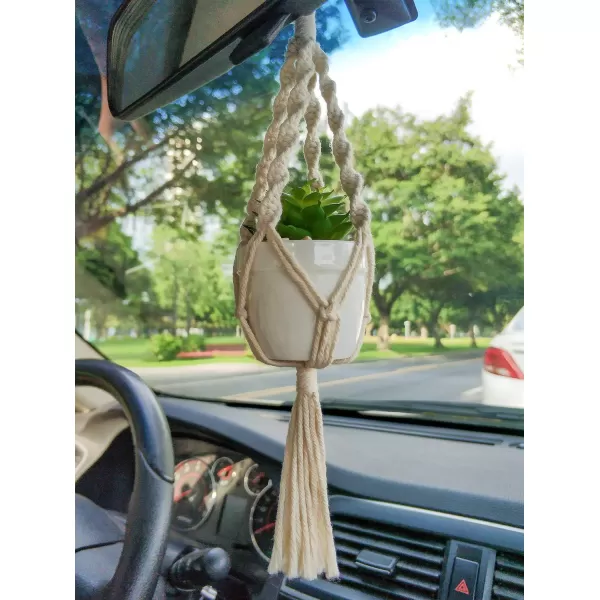 Mkono Mini Macrame Plant Car Accessories Rear View Mirror Charm Cute Hanging Rearview Car Decor Boho Hanger with Artificial Succulent Plants Gifts for Plant Lover Set of 2 RedWhite