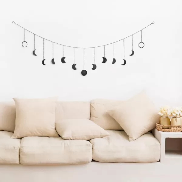 Mkono Moon Phase Wall Hanging Boho Aesthetic Room Decor Metal Moons Garland Hanging Art Bohemian Home Decoration for Girls Room Nursery Bedroom Livingroom Dorm Ideal Gift Gold 50quotBlack