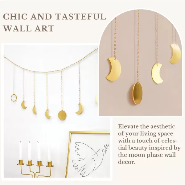 Mkono Moon Phase Wall Hanging Boho Aesthetic Room Decor Metal Moons Garland Hanging Art Bohemian Home Decoration for Girls Room Nursery Bedroom Livingroom Dorm Ideal Gift Gold 50quotGold
