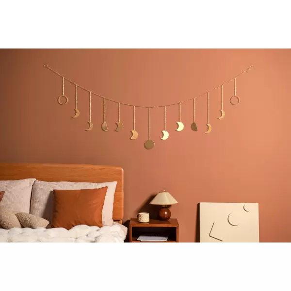 Mkono Moon Phase Wall Hanging Boho Aesthetic Room Decor Metal Moons Garland Hanging Art Bohemian Home Decoration for Girls Room Nursery Bedroom Livingroom Dorm Ideal Gift Gold 50quotGold