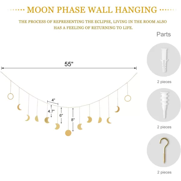 Mkono Moon Phase Wall Hanging Boho Aesthetic Room Decor Metal Moons Garland Hanging Art Bohemian Home Decoration for Girls Room Nursery Bedroom Livingroom Dorm Ideal Gift Gold 50quotGold