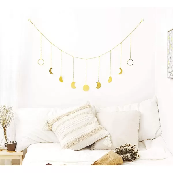 Mkono Moon Phase Wall Hanging Boho Aesthetic Room Decor Metal Moons Garland Hanging Art Bohemian Home Decoration for Girls Room Nursery Bedroom Livingroom Dorm Ideal Gift Gold 50quotGold