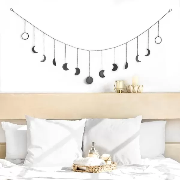 Mkono Moon Phase Wall Hanging Boho Aesthetic Room Decor Metal Moons Garland Hanging Art Bohemian Home Decoration for Girls Room Nursery Bedroom Livingroom Dorm Ideal Gift Gold 50quotBlack