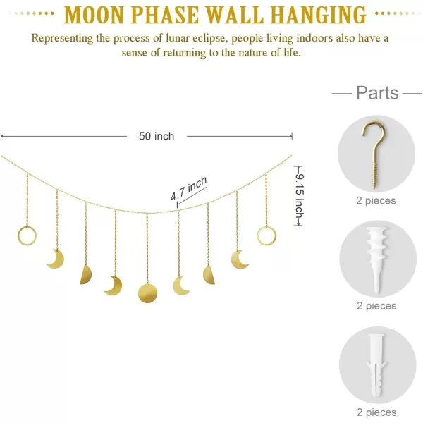 Mkono Moon Phase Wall Hanging Boho Aesthetic Room Decor Metal Moons Garland Hanging Art Bohemian Home Decoration for Girls Room Nursery Bedroom Livingroom Dorm Ideal Gift Gold 50quotGold