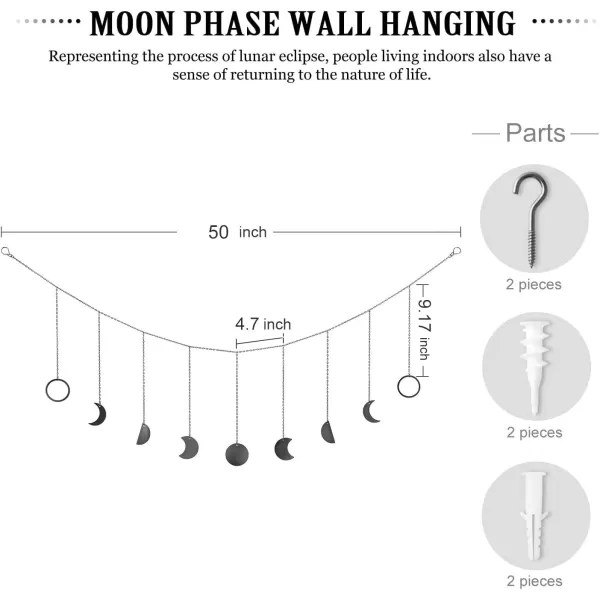 Mkono Moon Phase Wall Hanging Boho Aesthetic Room Decor Metal Moons Garland Hanging Art Bohemian Home Decoration for Girls Room Nursery Bedroom Livingroom Dorm Ideal Gift Gold 50quotBlack