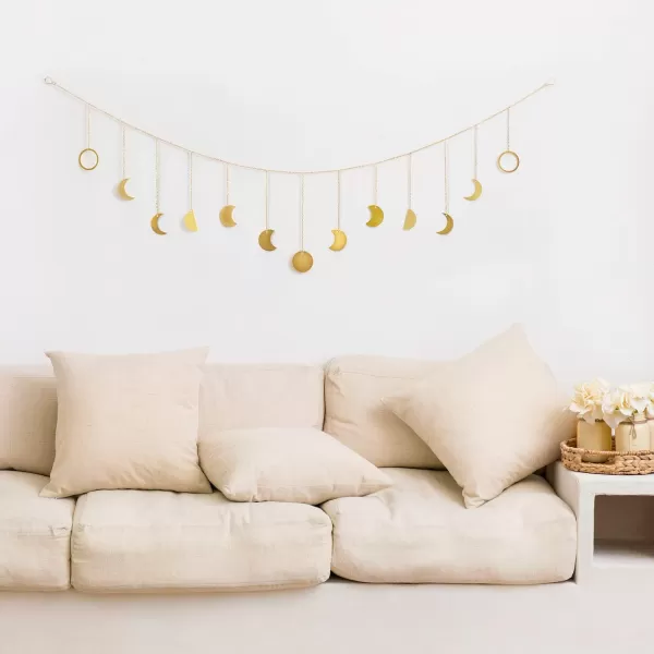 Mkono Moon Phase Wall Hanging Boho Aesthetic Room Decor Metal Moons Garland Hanging Art Bohemian Home Decoration for Girls Room Nursery Bedroom Livingroom Dorm Ideal Gift Gold 50quotGold