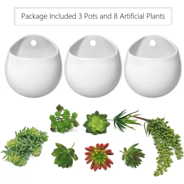 Mkono Wall Planter with Artificial Plants Decorative Potted Fake Succulents Picks Assorted Faux Succulent in Modern Ceramic Hanging Plant Pot Vase for Home Decor Set of 3
