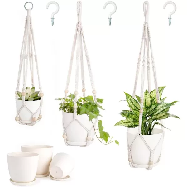 Mkono 3 Pack Macrame Plant Hangers with Pots 35quot29quot23quot Indoor Different Size Hanging Planter Basket Flower Pot Holder with Saucers ampamp Hooks No Tassels Plastic Pots Included Medium IvoryIvory