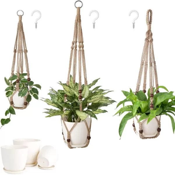Mkono 3 Pack Macrame Plant Hangers with Pots 35quot29quot23quot Indoor Different Size Hanging Planter Basket Flower Pot Holder with Saucers ampamp Hooks No Tassels Plastic Pots Included Medium IvoryBrown