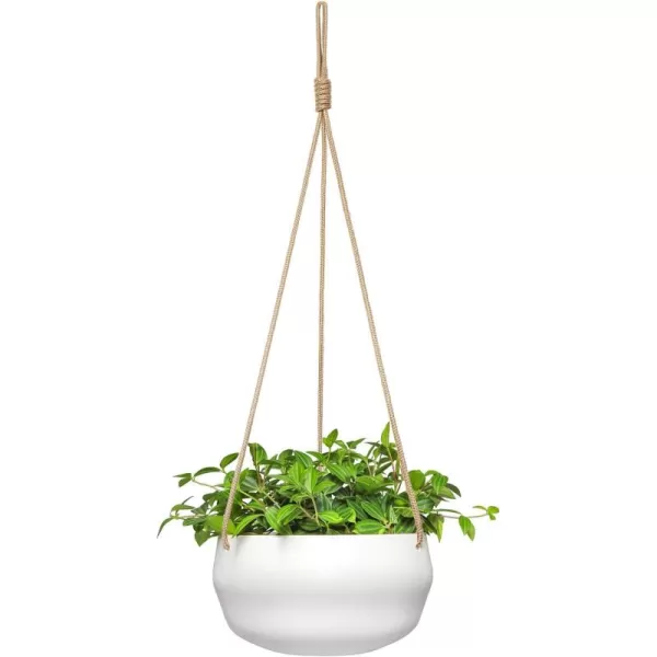 Mkono 8 Inch Ceramic Hanging Planter for Indoor Plants Modern Outdoor Porcelain Hanging Plant Holder Geometric Flower Pot with Polyester Rope Hanger for Herbs Ferns Ivy White