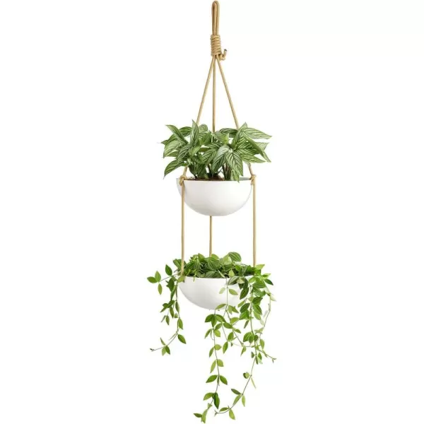 Mkono 9 Inch Ceramic Double Hanging Planter 2 Tier Round Flower Plant Pot Porcelain Hanging Basket with Polyester Rope Hanger for Indoor Outdoor Plants Modern Vertical Plant Garden White