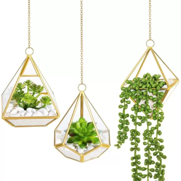 Mkono Artificial Succulent Plants with Hanging Glass Geometric Terrarium Set of 3 Mini Vertical Miniature Potted Fake Plant for Home Office Decor Dorm Wedding Gift Idea Gold