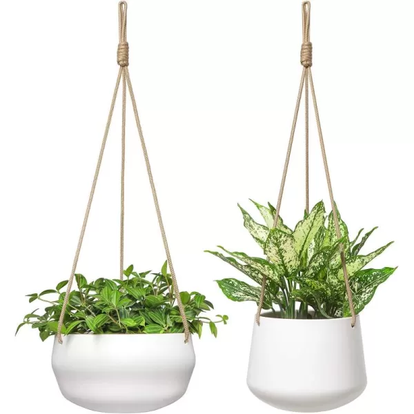 Mkono Ceramic Hanging Planter of Shallow 8 Inch and Deep 6 Inch for Indoor Outdoor Plants Set of 2 Modern Plant Pot Geometric Porcelain Hanging Basket with Polyester Rope Hanger