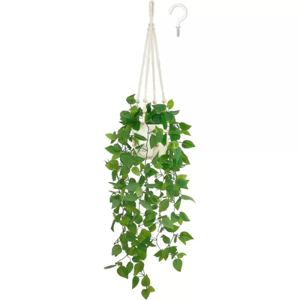 Mkono Fake Hanging Plant with Pot Artificial Plants for Home Decor Indoor Macrame Plant Hanger with Faux Vine Hanging Planter Greenery for Bedroom Bathroom Kitchen Office Decor Brown PothosIvory