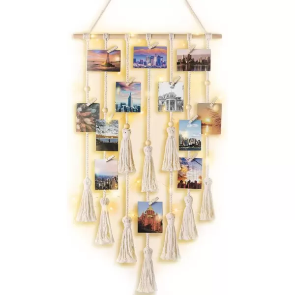 Mkono Hanging Photo Display Boho Macrame Wall Decor with Light Teen Girl Teenage Gifts Pictures Cards Frame Holder Art Hanger for Birthday Party Room Bedroom Dorm with 30 Wood Clips IvoryIvory