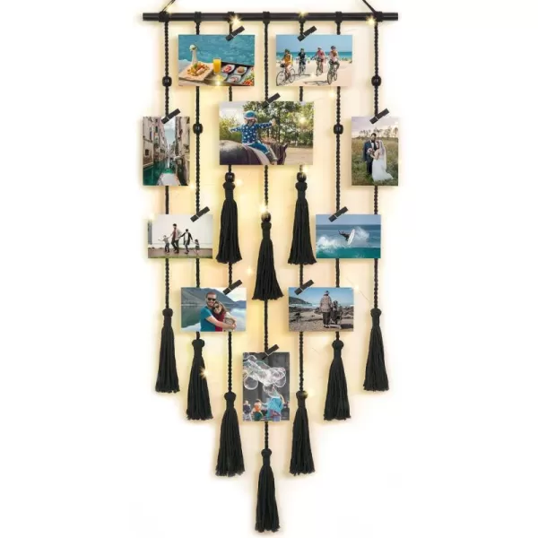 Mkono Hanging Photo Display Boho Macrame Wall Decor with Light Teen Girl Teenage Gifts Pictures Cards Frame Holder Art Hanger for Birthday Party Room Bedroom Dorm with 30 Wood Clips IvoryBlack
