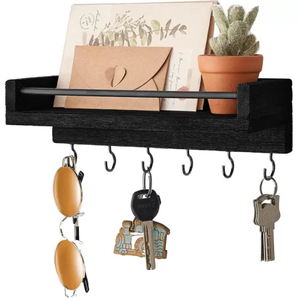 Mkono Key Holder for Wall 95quot x 35quot x 25quot Small Rustic Wood Key Rack with 6 Hooks Decorative Display Keys Hanger Organizer for Entryway Living Room Bedroom Bathroom Office Home DecorBlack