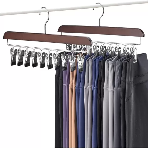 Mkono Legging Organizer for Closet Set of 2 Yoga Pants Hangers with 20 Rubber Coated Clips 360 Swivel Hook Space Saving Rustic Wood Hanging Closet Organizers and StorageBrown
