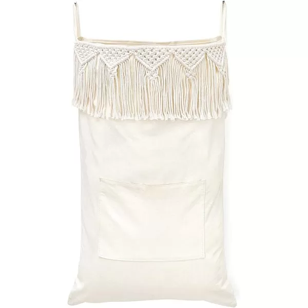 Mkono Macrame Hanging Laundry Hamper with Over The Door Hooks Saving Space Laundry Bag with Zipper and Wide Open Top Boho Decor Hanging Dorm Dirty Clothes Basket for Bathroom Dorm Home Travel