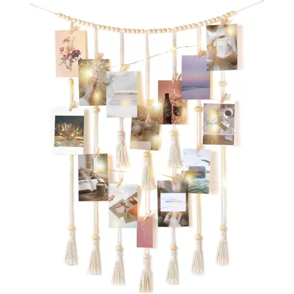 Mkono Macrame Hanging Photo Display Wall Decor with String Lights Boho Room Bedroom Wooden Beads Garland Picture Holder with 30 Clips for Living Room Nursery Teenage Teen Girl GiftsBeige