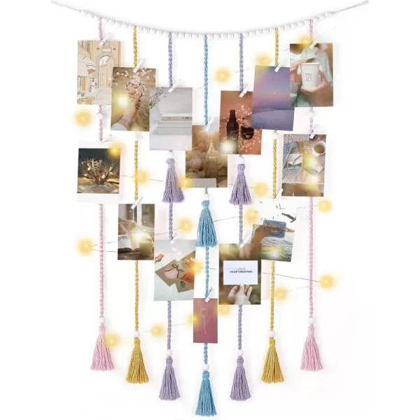 Mkono Macrame Hanging Photo Display Wall Decor with String Lights Boho Room Bedroom Wooden Beads Garland Picture Holder with 30 Clips for Living Room Nursery Teenage Teen Girl GiftsMulti Color