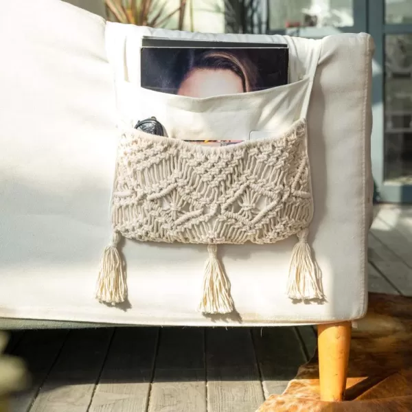 Mkono Macrame Sofa Armrest Organizer Remote Control Holder Couch Bedside Armchair Caddy Storage Basket Bag for TV Remote Control Magazine Books Cell Phone iPad Boho Home Dorm Decor BeigeBeige