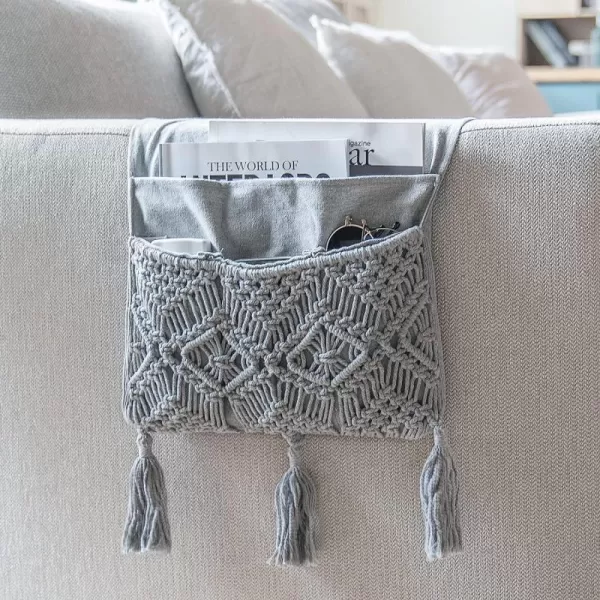 Mkono Macrame Sofa Armrest Organizer Remote Control Holder Couch Bedside Armchair Caddy Storage Basket Bag for TV Remote Control Magazine Books Cell Phone iPad Boho Home Dorm Decor BeigeGrey