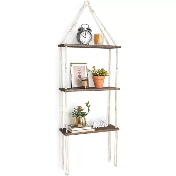 Mkono Macrame Wall Hanging Shelf 3 Tier Wood Floating Shelves with Cute Woven Rope Boho Room Decor Display Photos Plant Hanging Storage Shelves for Bathroom Bedroom Living Room Nursery