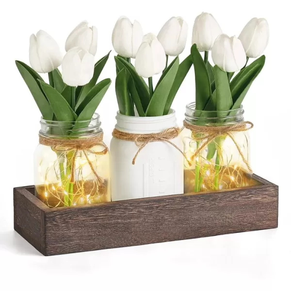 Mkono Mason Jar Lights Centerpiece Table Decoration with Artificial Tulip Farmhouse Coffee Table Decor Wood Tray with Fake Flowers for Mantel Dining Room Kitchen Living Room Wedding Decor
