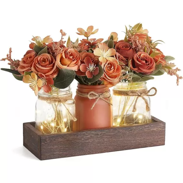 Mkono Mason Jar Lights Centerpiece Table Decorations for Farmhouse Coffee Table Wood Tray 3 Jars Flowers for Kitchen Dining Living Room Summer Fall DecorOrange
