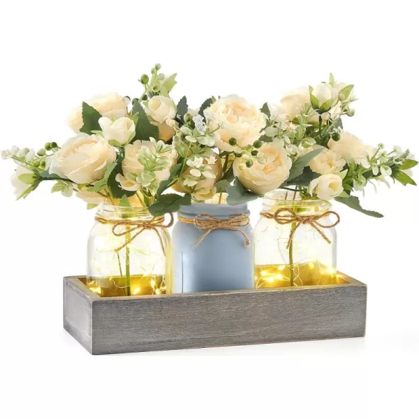Mkono Mason Jar Lights Centerpiece Table Decorations for Farmhouse Coffee Table Wood Tray 3 Jars Flowers for Kitchen Dining Living Room Summer Fall DecorGrey Blue
