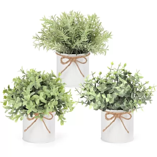 Mkono Mini Fake Plants in Farmhouse Galvanized Metal Pots Table Centerpiece Rustic Home Decor 3 Pack Potted Artificial Plants Faux Eucalyptus for Shelf Indoor Dining Room OfficeWhite