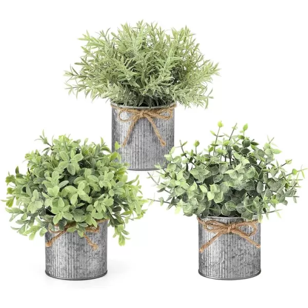 Mkono Mini Fake Plants in Farmhouse Galvanized Metal Pots Table Centerpiece Rustic Home Decor 3 Pack Potted Artificial Plants Faux Eucalyptus for Shelf Indoor Dining Room OfficeGrey