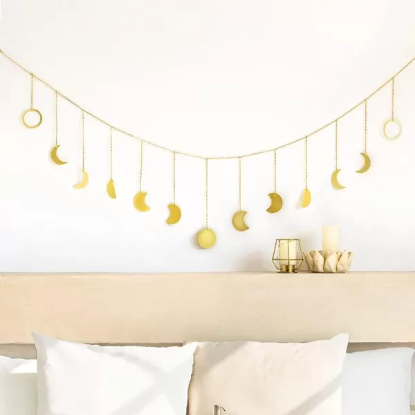 Mkono Moon Phase Wall Hanging Boho Aesthetic Room Decor Metal Moons Garland Hanging Art Bohemian Home Decoration for Girls Room Nursery Bedroom Livingroom Dorm Ideal Gift Gold 50quotGold