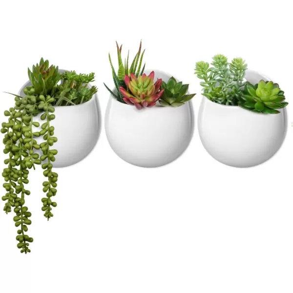 Mkono Wall Planter with Artificial Plants Decorative Potted Fake Succulents Picks Assorted Faux Succulent in Modern Ceramic Hanging Plant Pot Vase for Home Decor Set of 3