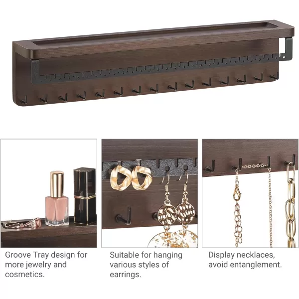 Mkono Hanging Wall Mount Jewelry Organizer Rustic Necklace Holder Earrring Dispaly Rack with Shelf and Hooks
