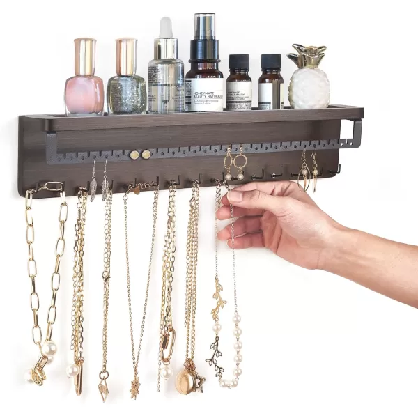 Mkono Hanging Wall Mount Jewelry Organizer Rustic Necklace Holder Earrring Dispaly Rack with Shelf and Hooks