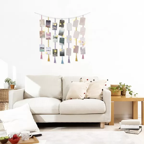 Mkono Macrame Hanging Photo Display Wall Decor with String Lights Boho Wooden Beads Garland Collage Picture Card Frame Holder with 45 Clips for Bedroom Living Room Dorm Teen Girl Teenage GiftsMulti