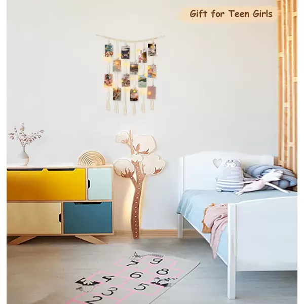Mkono Macrame Hanging Photo Display Wall Decor with String Lights Boho Wooden Beads Garland Collage Picture Card Frame Holder with 45 Clips for Bedroom Living Room Dorm Teen Girl Teenage GiftsIvory