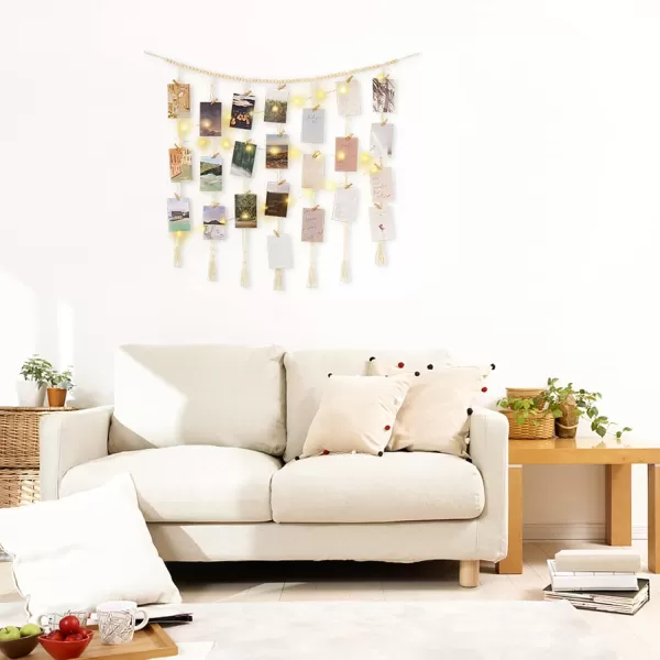 Mkono Macrame Hanging Photo Display Wall Decor with String Lights Boho Wooden Beads Garland Collage Picture Card Frame Holder with 45 Clips for Bedroom Living Room Dorm Teen Girl Teenage GiftsIvory