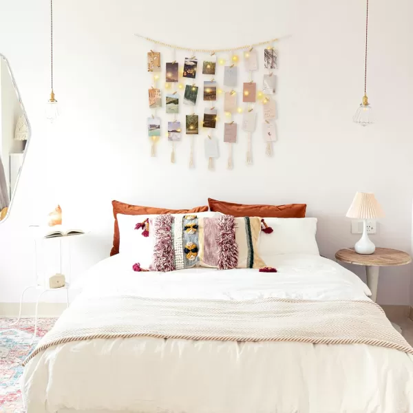 Mkono Macrame Hanging Photo Display Wall Decor with String Lights Boho Wooden Beads Garland Collage Picture Card Frame Holder with 45 Clips for Bedroom Living Room Dorm Teen Girl Teenage GiftsIvory