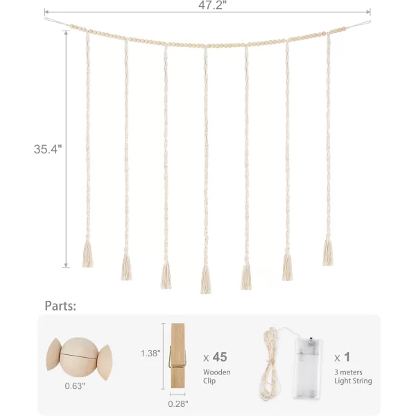 Mkono Macrame Hanging Photo Display Wall Decor with String Lights Boho Wooden Beads Garland Collage Picture Card Frame Holder with 45 Clips for Bedroom Living Room Dorm Teen Girl Teenage GiftsIvory