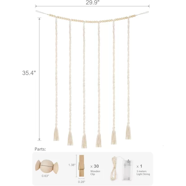 Mkono Macrame Hanging Photo Display Wall Decor with String Lights Boho Wooden Beads Garland Collage Picture Card Frame Holder with 45 Clips for Bedroom Living Room Dorm Teen Girl Teenage GiftsIvory