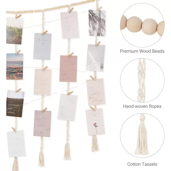 Mkono Macrame Hanging Photo Display Wall Decor with String Lights Boho Wooden Beads Garland Collage Picture Card Frame Holder with 45 Clips for Bedroom Living Room Dorm Teen Girl Teenage GiftsIvory