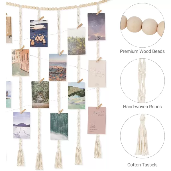 Mkono Macrame Hanging Photo Display Wall Decor with String Lights Boho Wooden Beads Garland Collage Picture Card Frame Holder with 45 Clips for Bedroom Living Room Dorm Teen Girl Teenage GiftsIvory