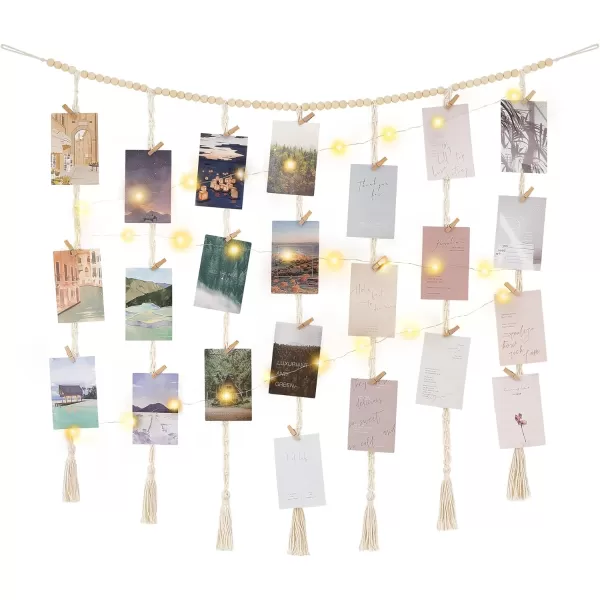 Mkono Macrame Hanging Photo Display Wall Decor with String Lights Boho Wooden Beads Garland Collage Picture Card Frame Holder with 45 Clips for Bedroom Living Room Dorm Teen Girl Teenage GiftsIvory