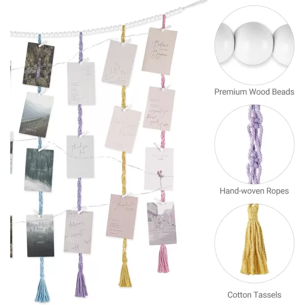 Mkono Macrame Hanging Photo Display Wall Decor with String Lights Boho Wooden Beads Garland Collage Picture Card Frame Holder with 45 Clips for Bedroom Living Room Dorm Teen Girl Teenage GiftsMulti