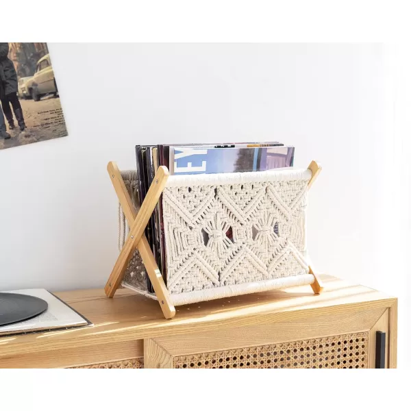 Mkono Macrame Magazine Rack Boho Storage Holder Standing Basket for Books Newspapers Swaddle Blanket Dorm Essentials Living Room Bathroom Office Nursery Home Decor Small Size 112L x 75WMedium