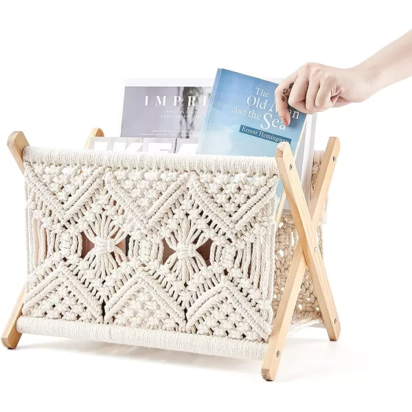 Mkono Macrame Magazine Rack Boho Storage Holder Standing Basket for Books Newspapers Swaddle Blanket Dorm Essentials Living Room Bathroom Office Nursery Home Decor Small Size 112L x 75WMedium