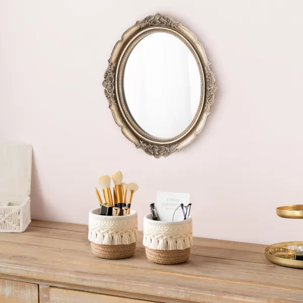 Mkono Macrame Makeup Brush Holder Organizer Comb Brushes Mini Storage Basket Set of 2 Boho Decor Baskets for Pen Pencil Box Container IvoryBrown